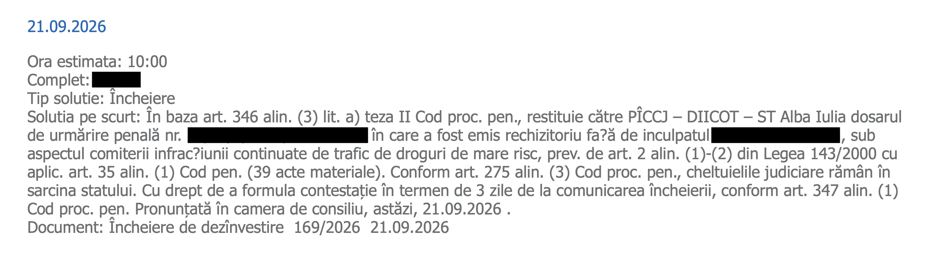 Încheierea Tribunalului Timiș din 21 septembrie 2026 privind restituirea cauzei la DIICOT în camera preliminară